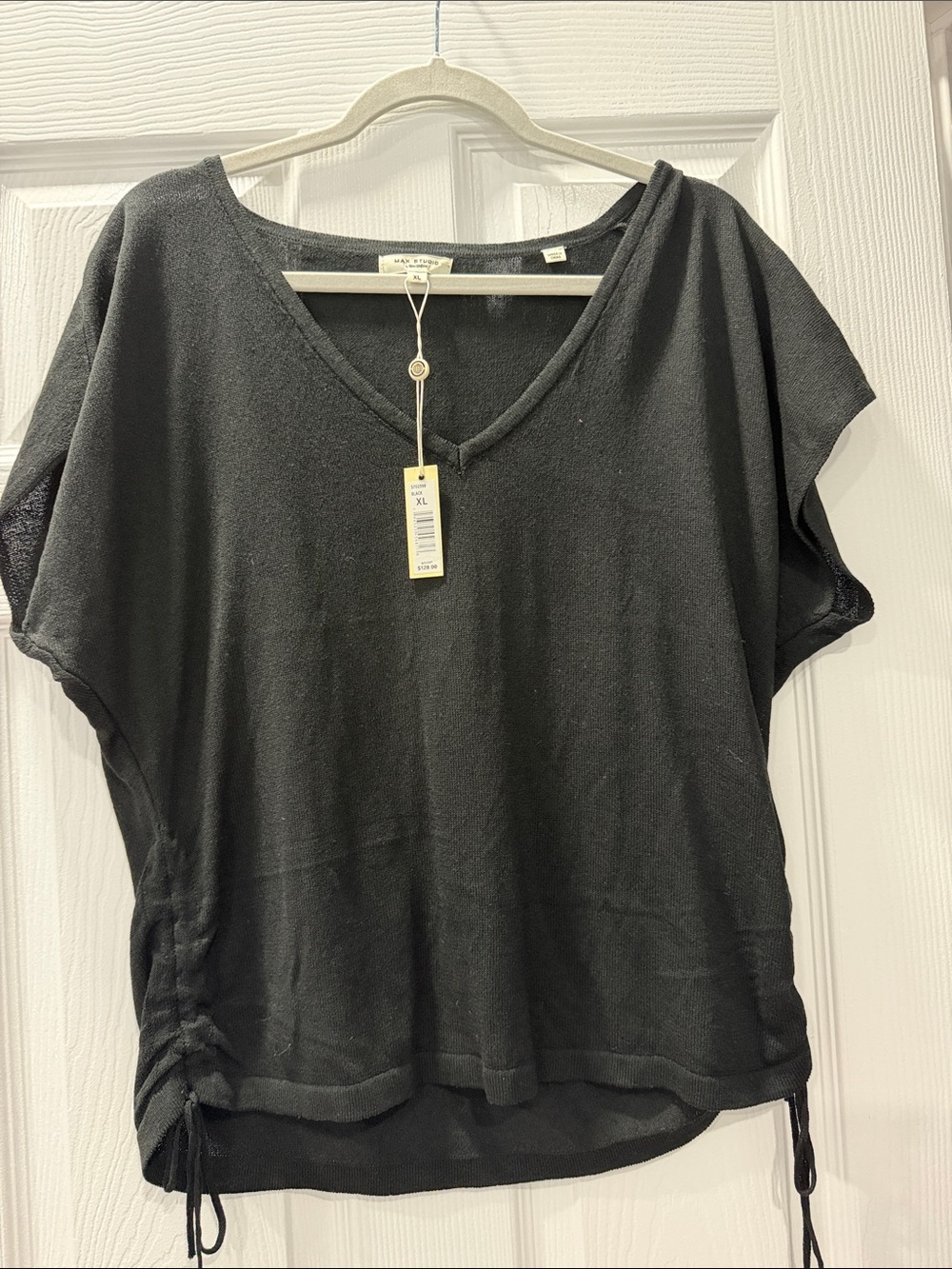 Max Studio Black V-Neck Short-Sleeve Tunic with Side Drawstrings